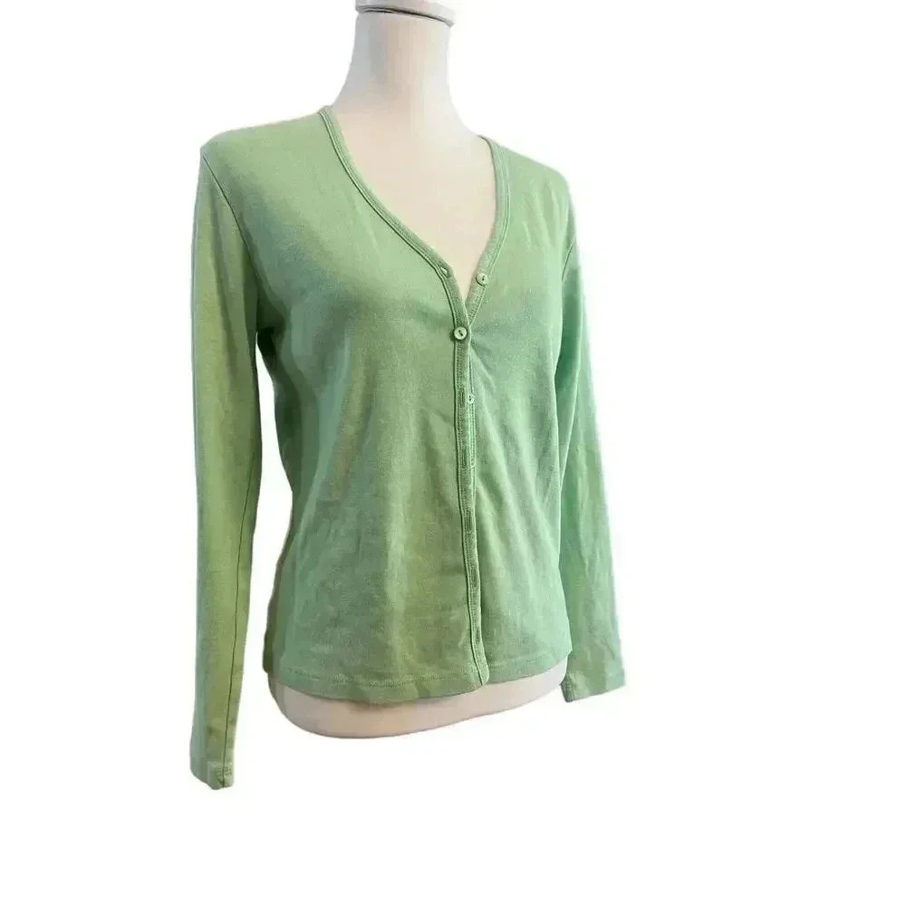 L.L.BEAN womens cardigan button up green 100% cotton size small